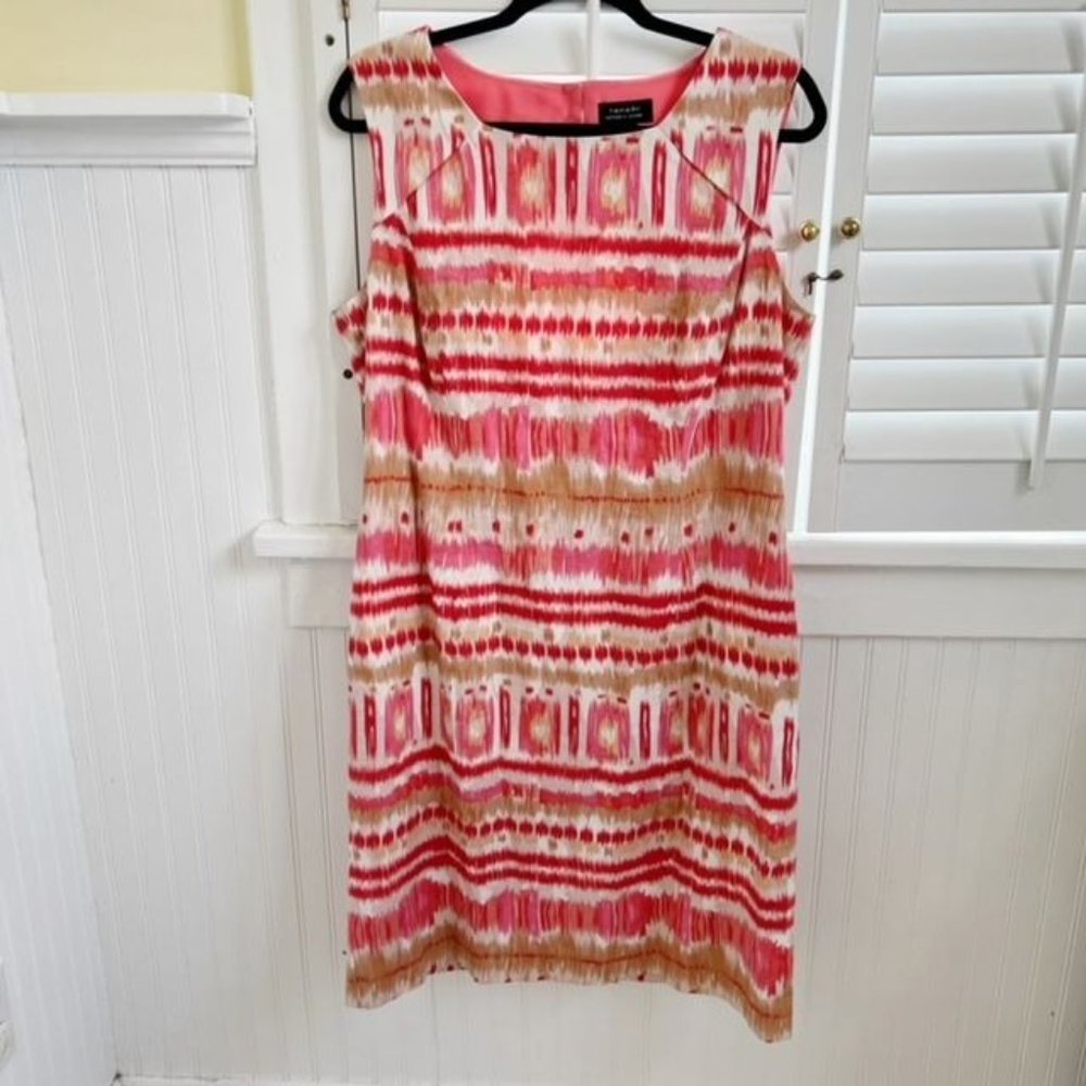 Tahari ASL Coral, White & Beige Ikat Print Sleeveless Cutout Back Dress Size 14